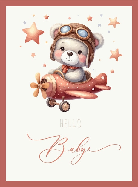 Linda tarjeta de invitación de acuarela para la ducha de bebé con un piloto de oso en un avión.