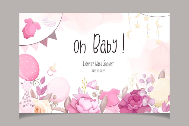 Vector linda tarjeta de invitación de baby shower con hermosas flores
