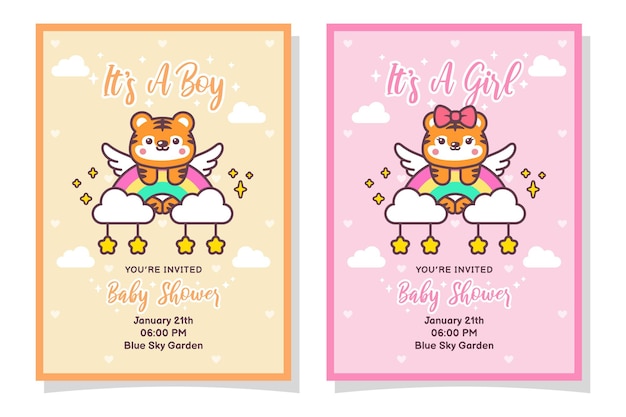 Linda tarjeta de invitación de baby shower para niño y niña con tigre, nube, arco iris y estrellas