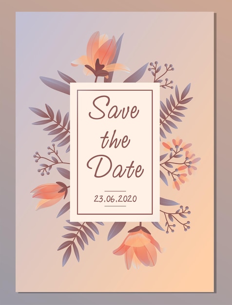Linda tarjeta de invitación botánica de boda con el concepto de letras de la fecha de las flores de lirio rosado y