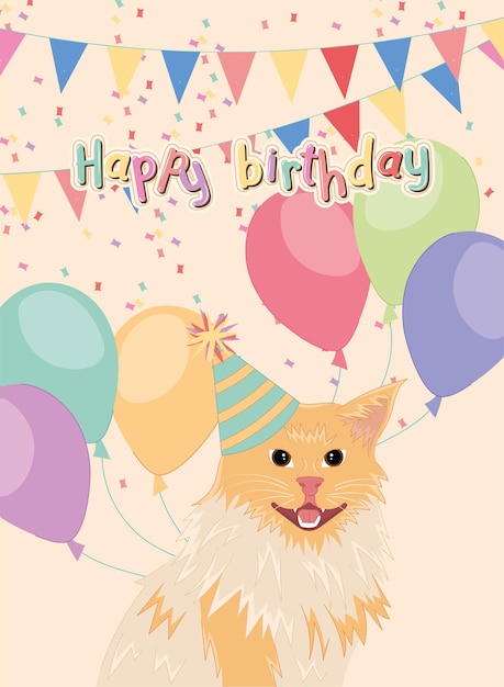 Linda tarjeta de invitación de cumpleaños con un gato feliz vector