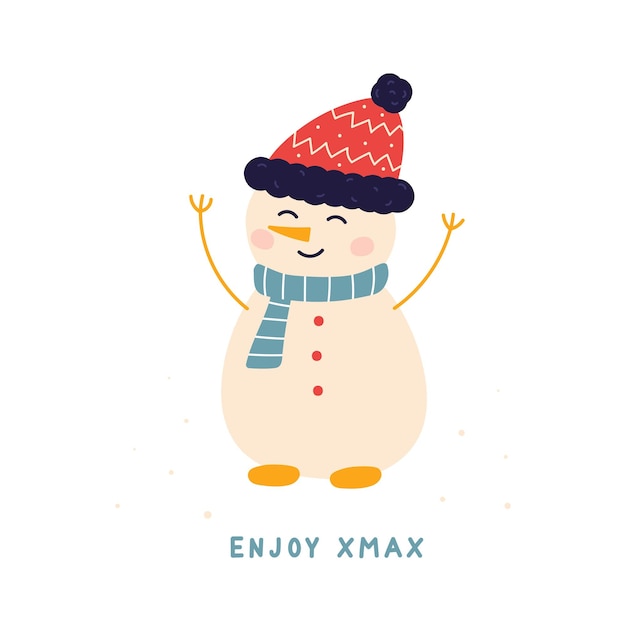 Linda tarjeta de Navidad muñeco de nieve ilustración vectorial con la inscripción disfrutar xmax