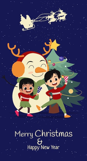 Linda tarjeta de navidad sobre un fondo azul con gran muñeco de nieve, árbol de navidad, niña y niño