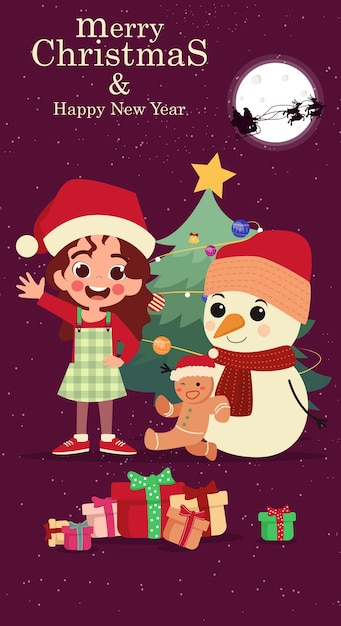 Linda tarjeta de navidad sobre un fondo morado con muñeco de nieve, pan de jengibre, árbol de navidad y niña santa