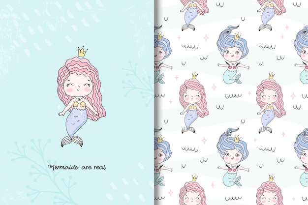 Linda tarjeta de sirena y un patrón sin costuras en la ilustración de estilo dibujado a mano para niños