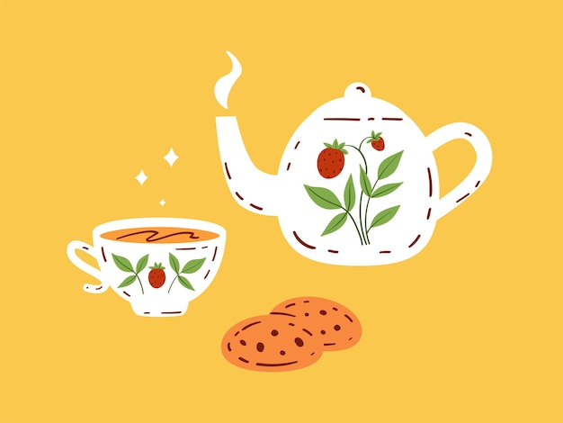 Vector linda tarjeta de tiempo de té dibujada en estilo de fideos ilustración vectorial