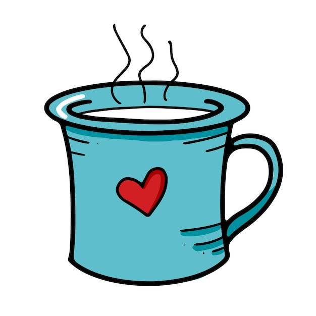 Vector linda taza azul con corazón dibujado y bebida caliente