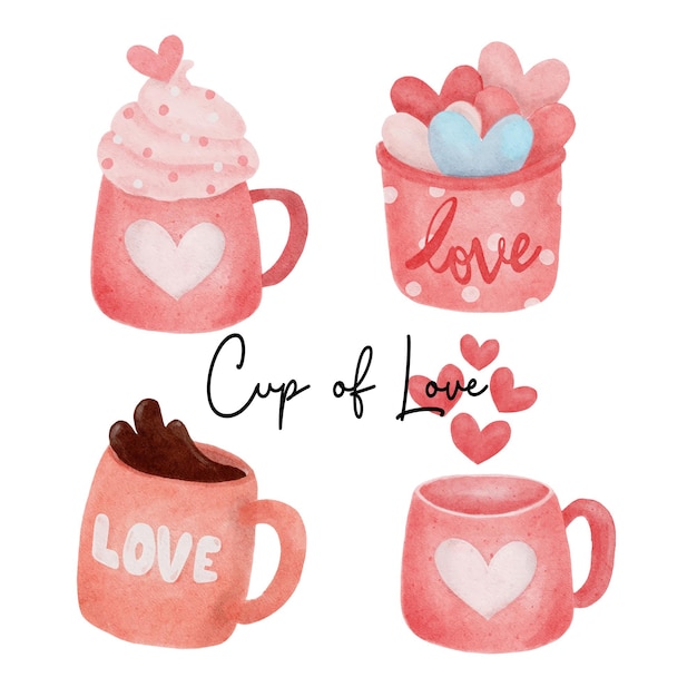 Vector linda taza de café adorable de elementos de amor colección de vectores de acuarela de dibujos animados
