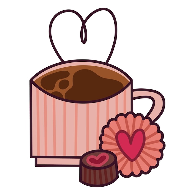 Linda taza de café con corazón y chocolates para momentos románticos