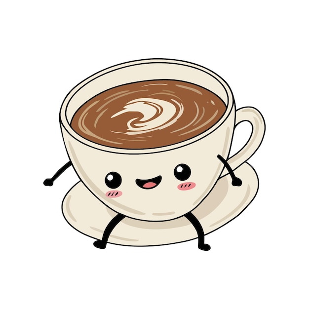 Una linda taza de café de dibujos animados con arte de latte