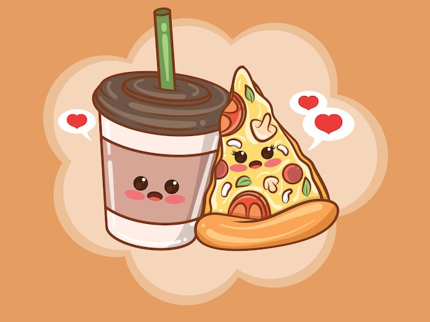 Linda taza de café y rebanadas de pizza concepto de pareja. dibujos animados