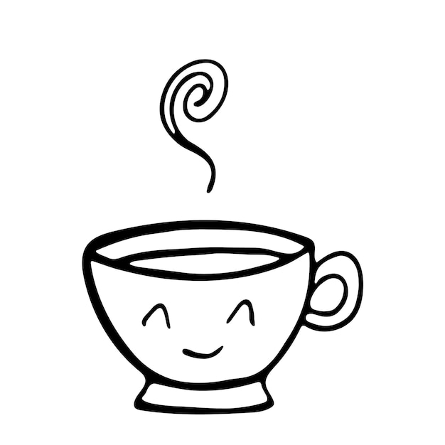 Linda taza de té o café caliente con cara de sonrisa vector doodle dibujado a mano ilustración de línea estilo Doodle