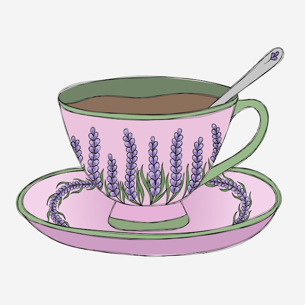Una linda taza de té rosado con ramas de lavanda