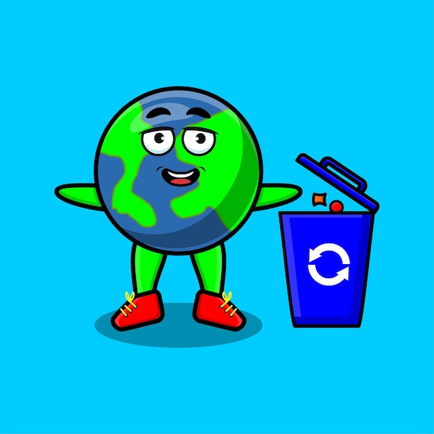 Linda tierra de dibujos animados tirando basura en la basura en un diseño de estilo moderno 3d para la etiqueta de la camiseta, etc.