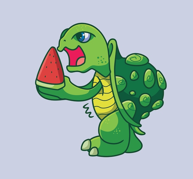 Linda tortuga comiendo sandía aislado dibujos animados animal ilustración vector