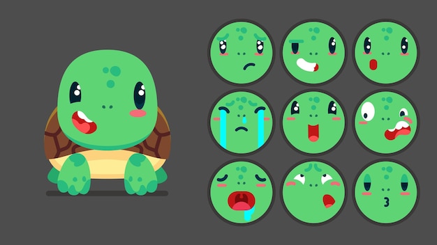 Linda tortuga conjunto de emociones animales pequeña tortuga con emoji colocación durmiendo llorando triste