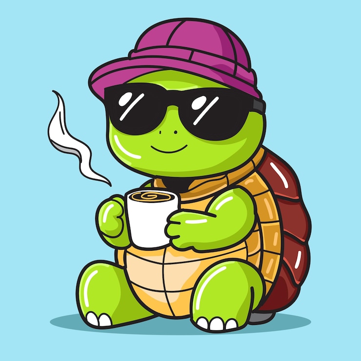 Vector una linda tortuga de dibujos animados bebe un vaso de café para un elemento de diseño o un elemento de libro para colorear