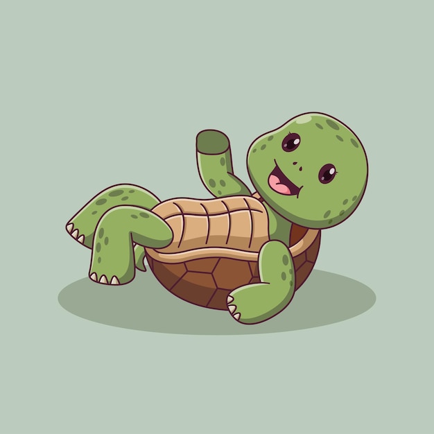 Linda Tortuga De Dibujos Animados Riendo Y Acostado. Concepto de icono de tortuga
