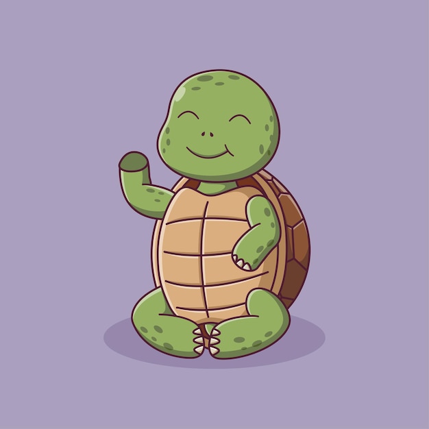 Linda tortuga de dibujos animados sentado agitando la mano. Concepto de icono de tortuga