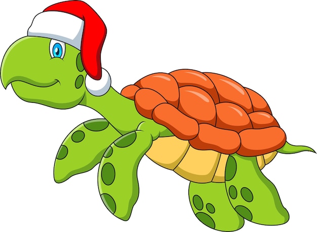 Vector linda tortuga marina de dibujos animados con sombrero de papá noel