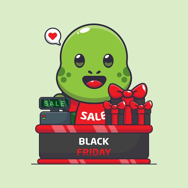 linda tortuga con mesa de cajero en la ilustración de vector de dibujos animados de venta de viernes negro