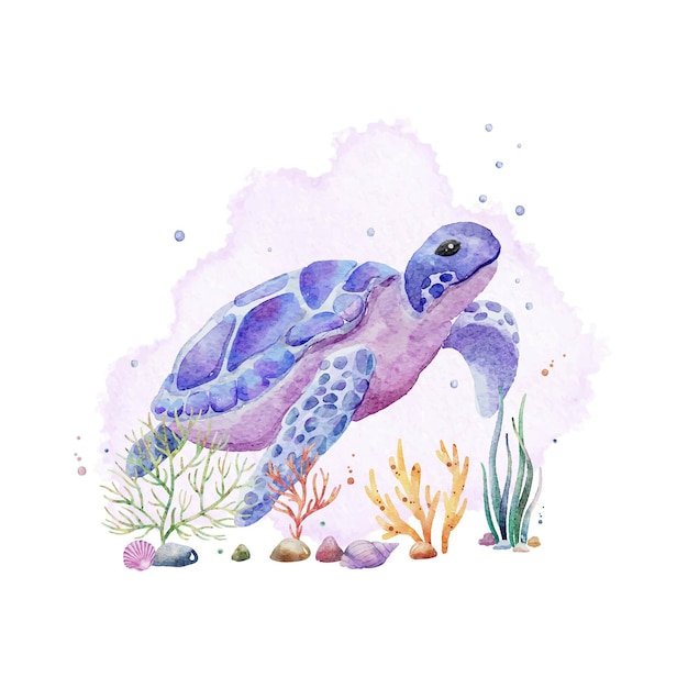 Vector linda tortuga y planta marina bajo el mar acuarela clipart ilustración