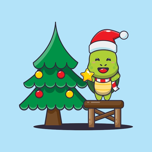 Linda tortuga tomando la estrella del árbol de navidad. Linda ilustración de dibujos animados de Navidad.