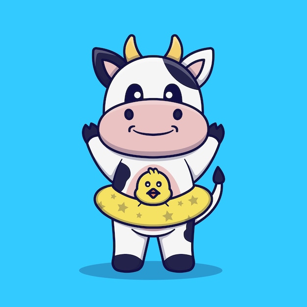 Una linda vaca con una boya salvavidas Ilustración de dibujos animados vectoriales