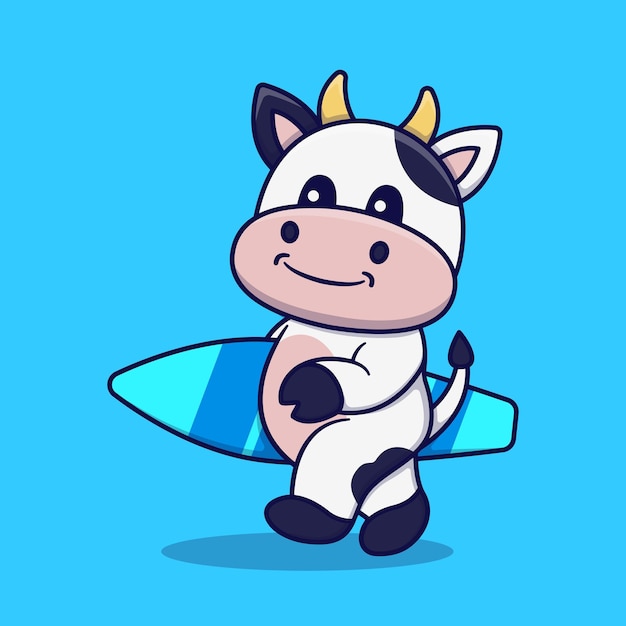 Una linda vaca caminando sosteniendo una tabla de surf Ilustración de dibujos animados vectoriales