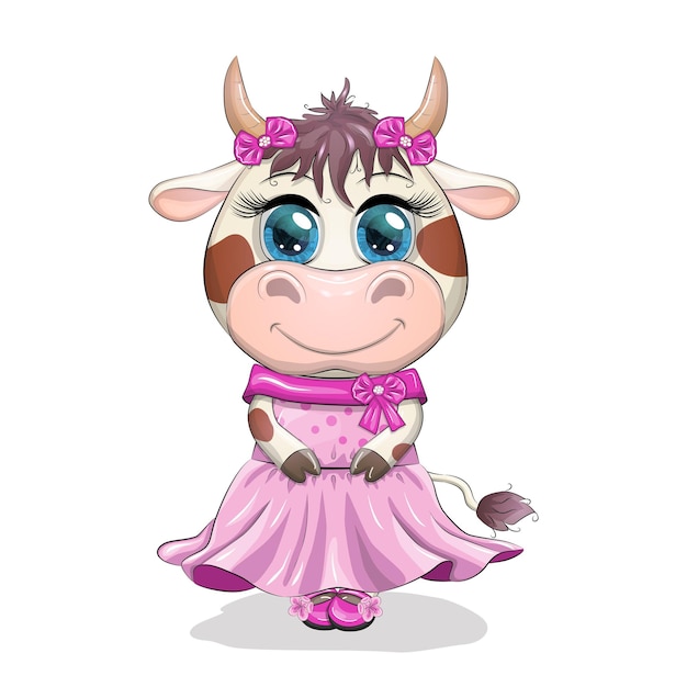 Linda vaca de dibujos animados con hermosos ojos en un vestido rosa Divertido personaje de vaca