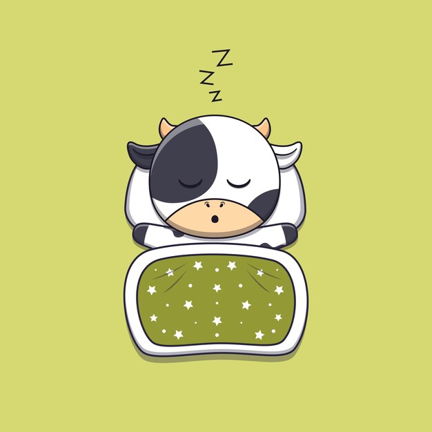 Linda vaca durmiendo con almohada y manta