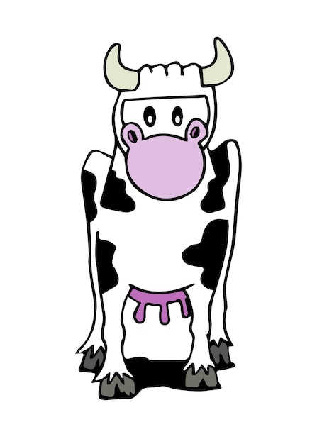 Linda vaca enojada con cuernos de pie y mirando hacia el frente vector de estilo de dibujos animados dibujado a mano