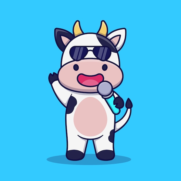 Una linda vaca con gafas de sol cantando Ilustración de dibujos animados vectoriales