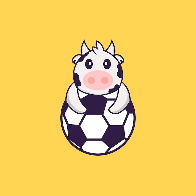 Linda vaca jugando al fútbol. Concepto de dibujos animados de animales aislado.