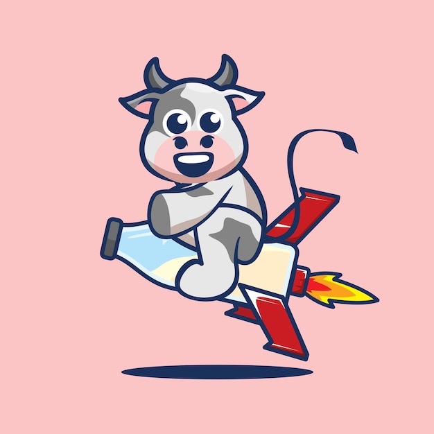 Linda vaca monta una ilustración de dibujos animados de mascota de cohete