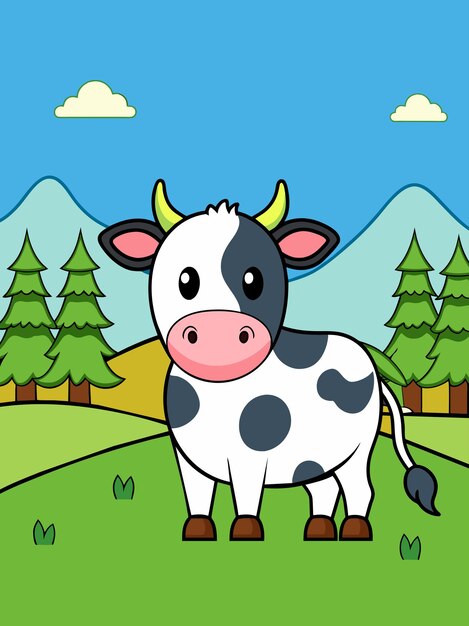 Vector una linda vaca pastorea en un pintoresco paisaje de colinas verdes y un cielo azul vibrante