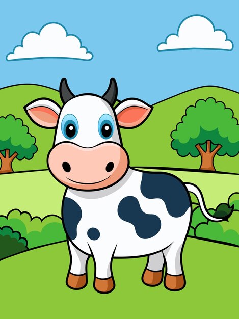 Vector una linda vaca pastorea en un pintoresco paisaje de colinas verdes y un cielo azul vibrante