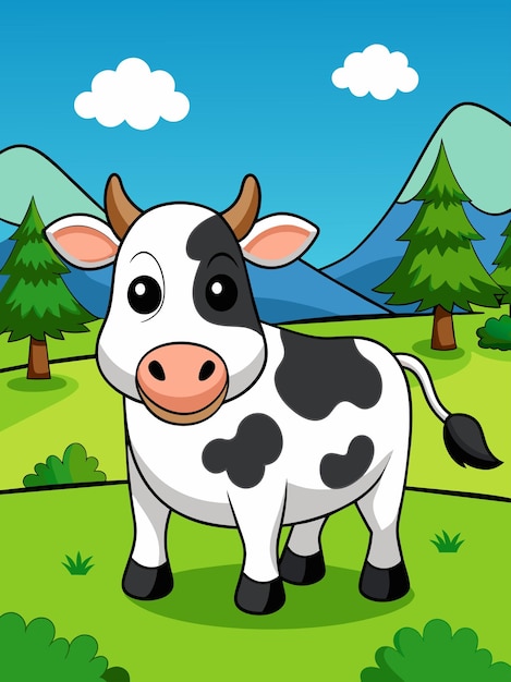 Vector una linda vaca pastorea en un pintoresco paisaje de colinas verdes y un cielo azul vibrante
