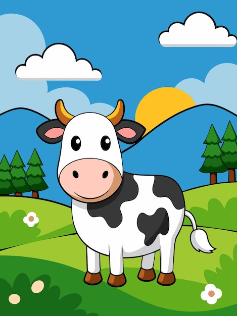Vector una linda vaca pastorea serenamente en un paisaje pintoresco