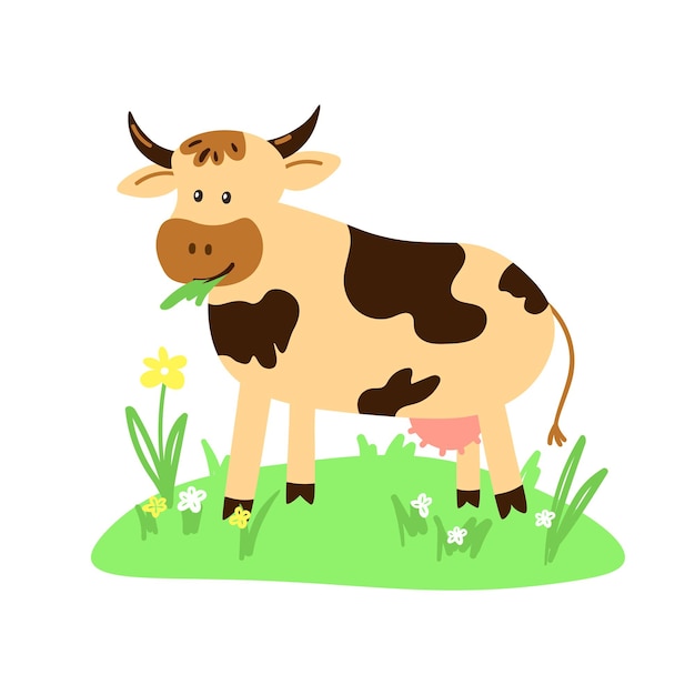 Linda vaca en un prado con hierba Ilustración de vaca de granja doméstica