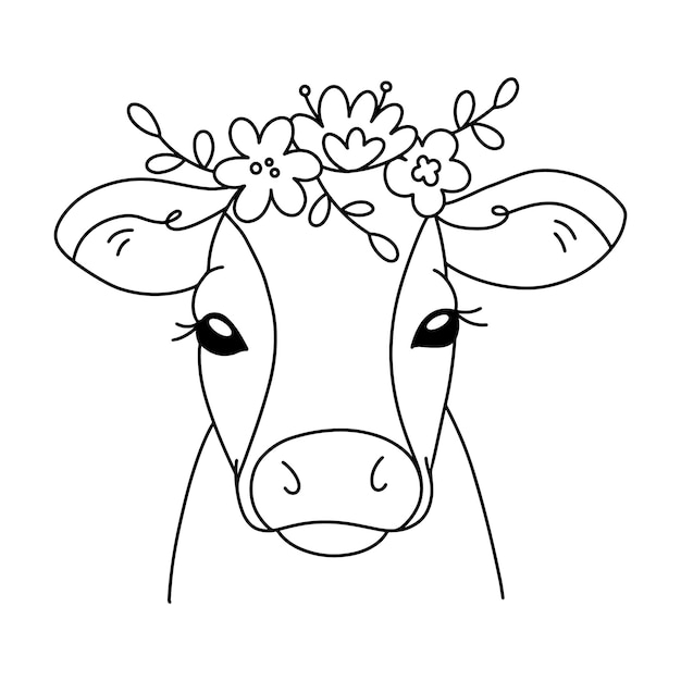 Linda vaca con un ramo de flores esboza el arte de línea de imágenes prediseñadas