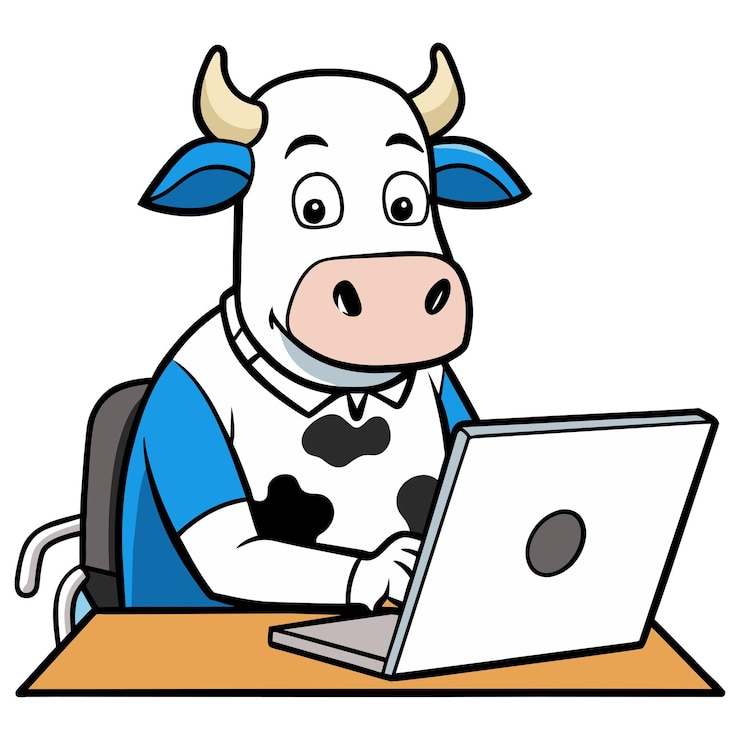 Vector una linda vaca trabajando en un portátil ilustración de icono vectorial de dibujos animados