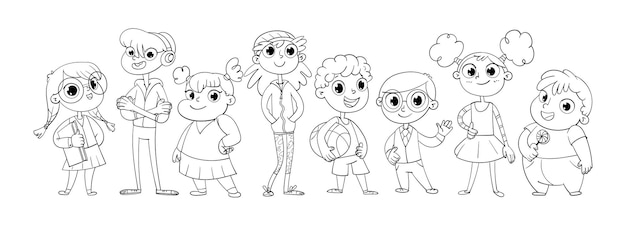 Linda variedad de niños de pie en una fila ilustración vectorial personaje  de dibujos animados divertido aislado sobre fondo blanco libro para  colorear | Vector Premium