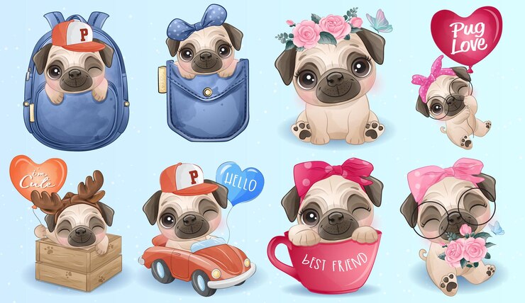 Vector linda vida de pug con conjunto de ilustración acuarela