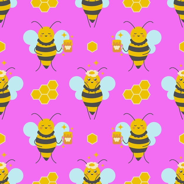Lindas abejas pequeñas de patrones sin fisuras Fondo rosa con abejas felices