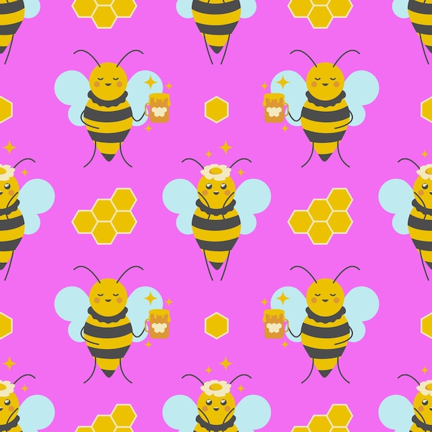 Lindas abejas pequeñas de patrones sin fisuras fondo rosa con abejas felices