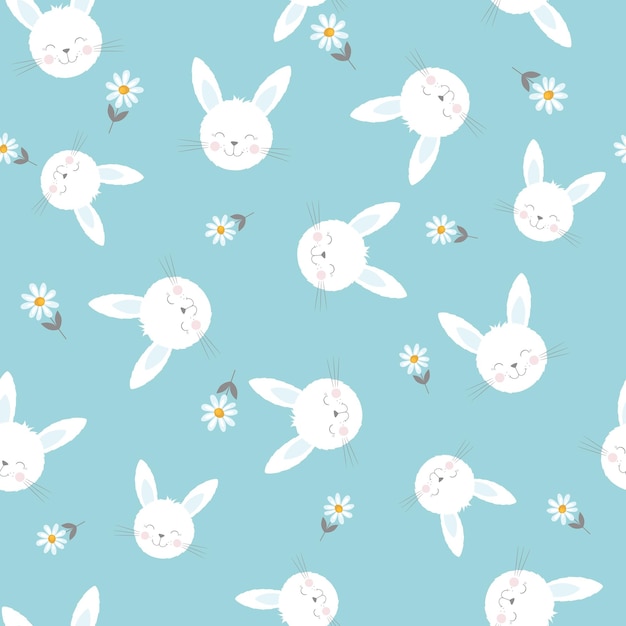 Lindas cabezas de conejo con flores simples sobre fondo azul Patrón divertido sin fisuras