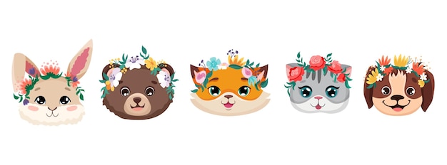 Lindas caras de animales con coronas de flores para el diseño de la guardería tarjetas de felicitación de cumpleaños baby shower