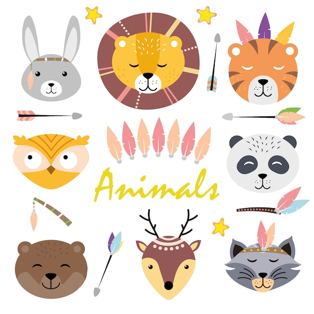 Vector lindas caras de animales. personajes dibujados a mano. liebre, león, tigre, panda, búho, oso, mapache, venado