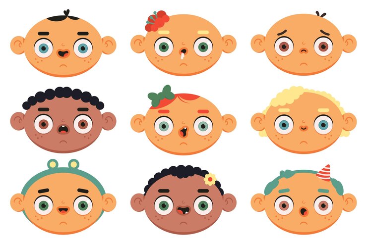 Vector lindas caras de bebé con diferentes emociones conjunto de dibujos animados vectoriales aislados en un fondo blanco